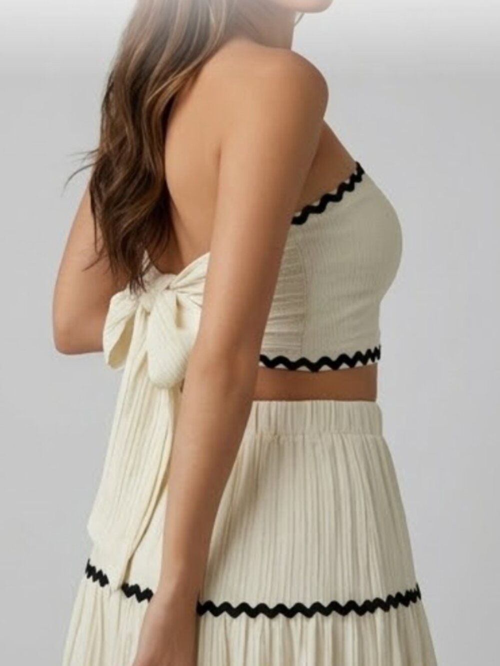 Boho Applique Cropped Bandeau Top And Skirt Set Beige - Picture 4 of 13